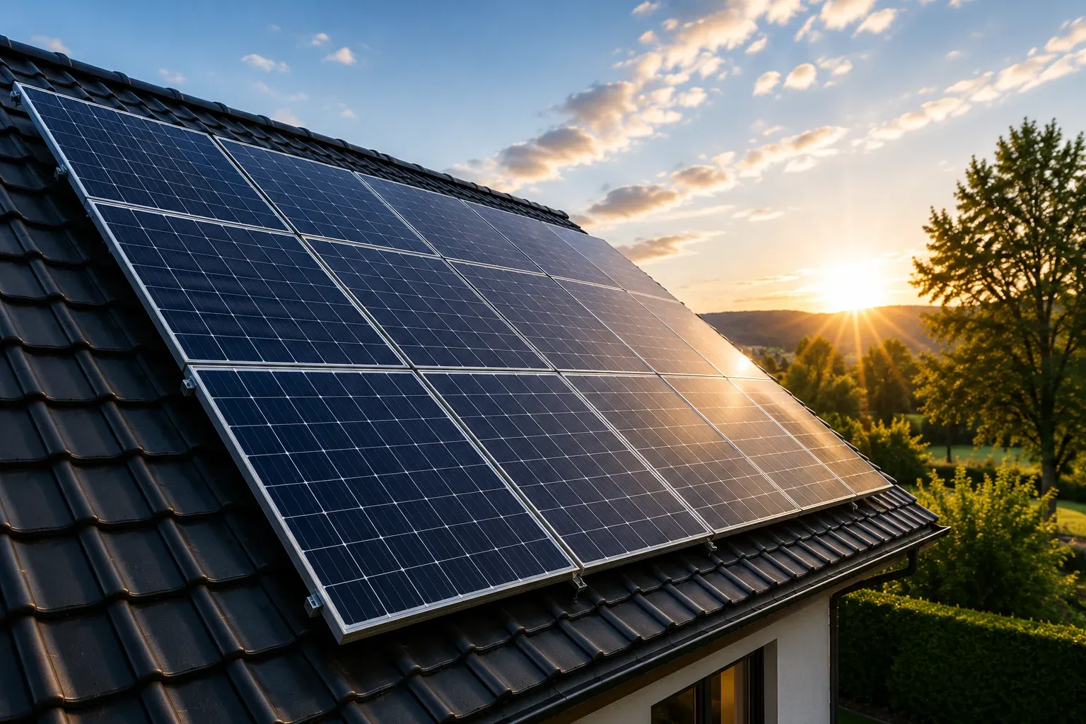 Photovoltaikanlage auf einem Ziegeldach im Sonnenlicht