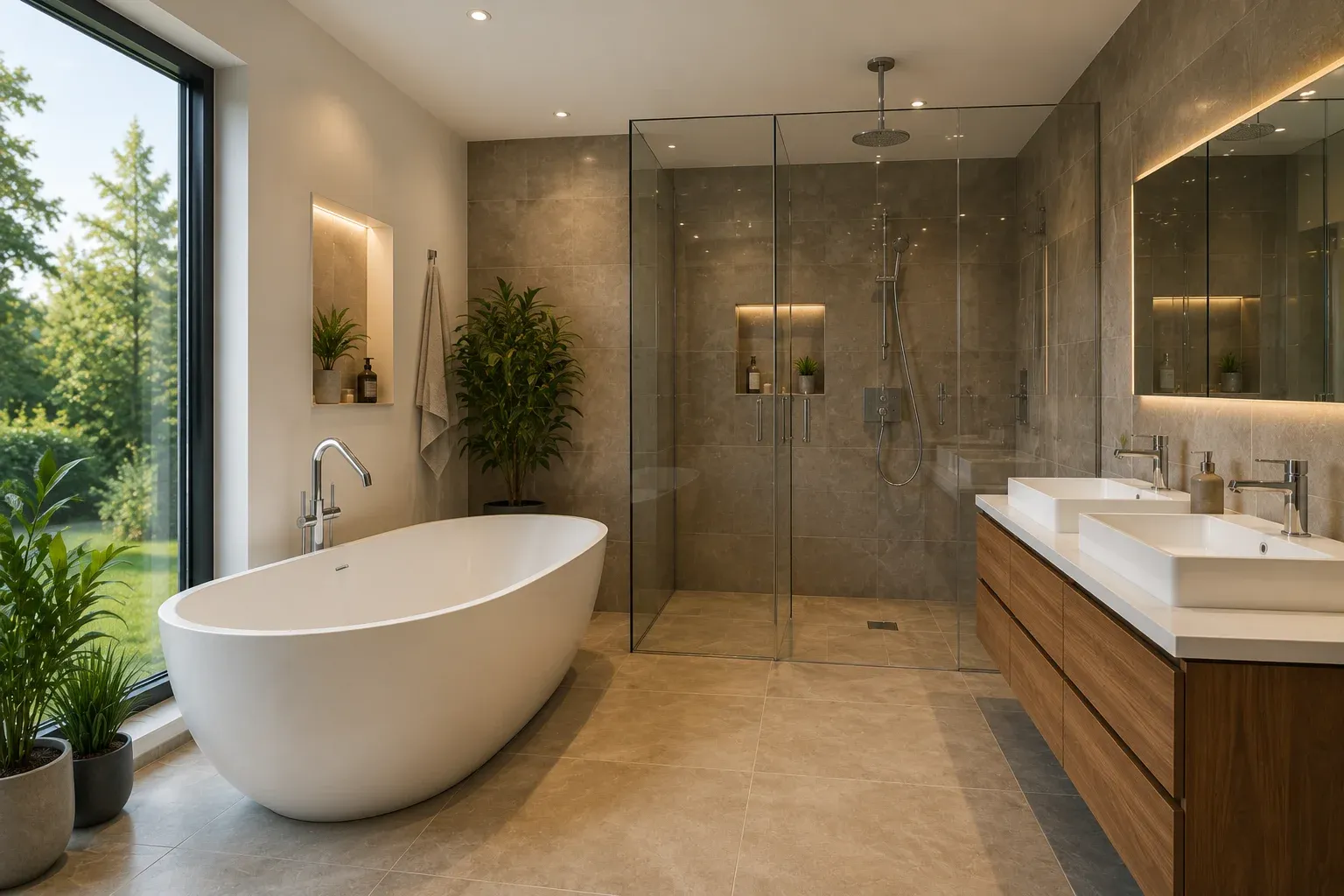Modernes Bad mit Doppelwaschtisch und bodengleicher Dusche